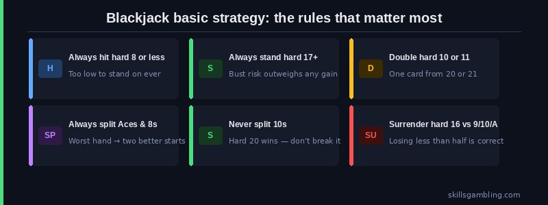 Blackjack basic strategy chart quick reference: six key rules including always split aces and 8s, never split 10s, always stand on hard 17+