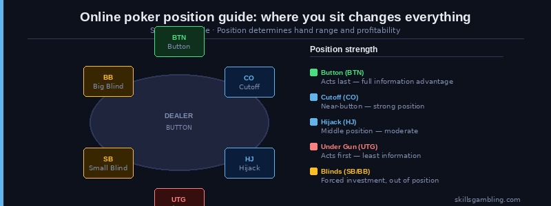 Online poker position guide showing six-player table with button as strongest and UTG as weakest seat
